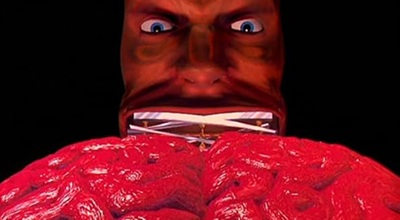 dated CGI of a face, with lawnblades for a mouth, mowing over a brain